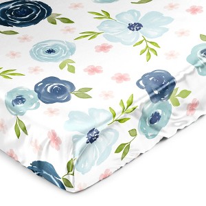 Sweet Jojo Designs Girl Satin Fitted Crib Sheet Watercolor Floral Blue Pink and White - 1 of 4