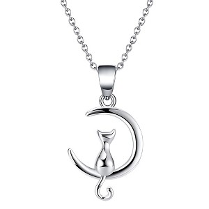 Kitty Cat on Moon Pendant Necklace for Women Sterling Silver Ginger Lyne Collection - 1 of 4