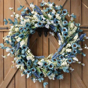 20 Inch Spring Wreath Blue with Green Leaves Artificial Wreaths Blue Daisy White Flower Front Door Farmhouse Decor - 1 of 4