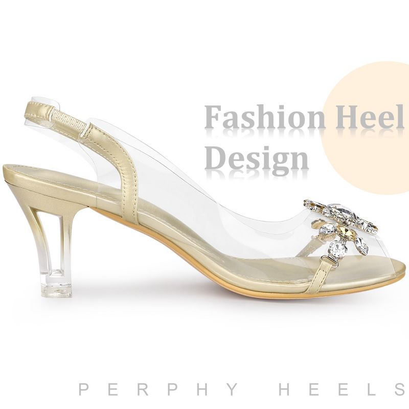 Perphy Women's Peep Toe Flower Rhinestone Slingback Clear Chunky Heels Sandals, 4 of 5