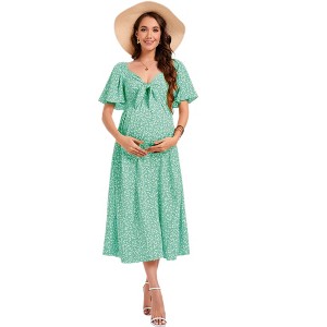 Maternity Dress Floral Women's Knotted Side Slit Knee Length Wrap Dress - 1 of 3