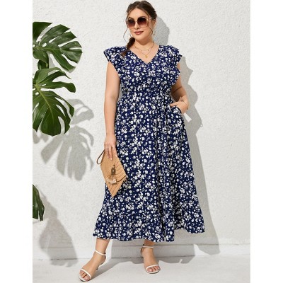 Womens Plus Size Casual Sleeveless Maxi Dress Ruffle Sleeve A Line Swing Summer Maxi Dress with Pockets Navy Blue Flowers 2XL