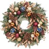 24" Pre-Lit Christmas Wreath, Artificial Xmas Garland with Pine Cones and Christmas Balls, for Mantel, Wall, Window, Front Door Decor, Gold & Blue - 2 of 4
