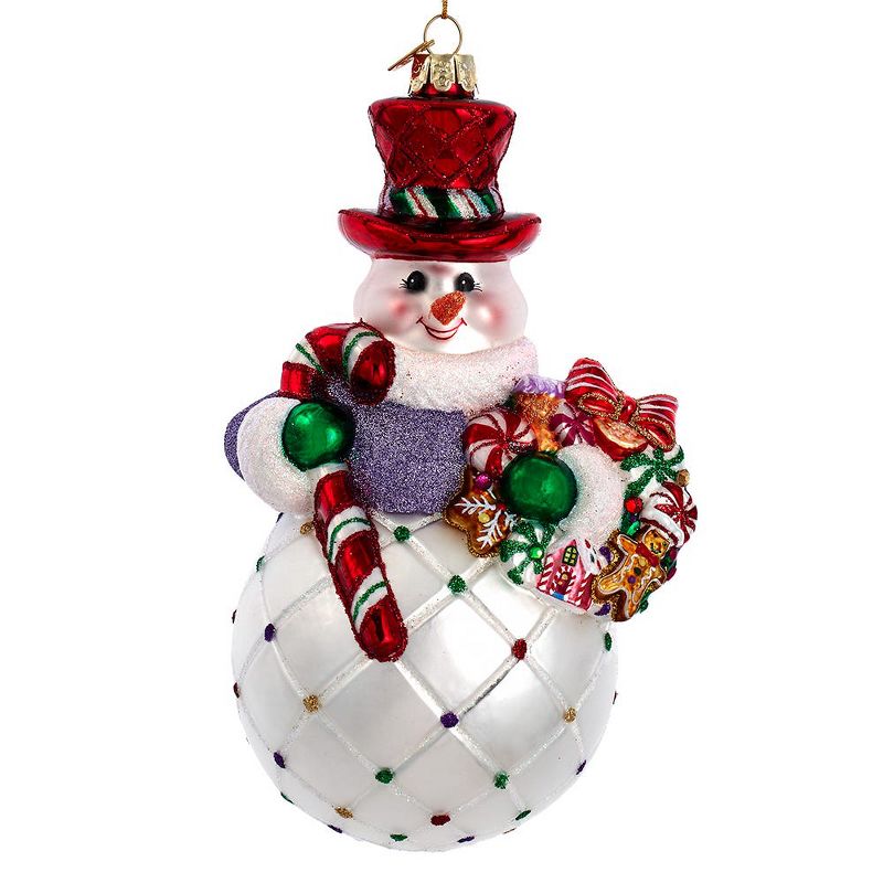 Kurt Adler 7-Inch Bellissimo Glass Snowman With Candy Cane Ornament, 1 of 7
