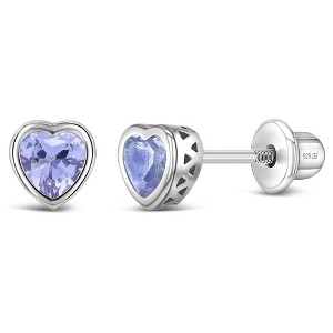 Girl's CZ Birthstone Heart Screw Back Sterling Silver Earrings - In Season Jewelry - 1 of 4