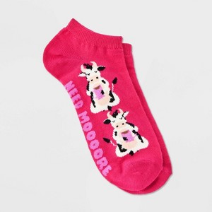 Women's "Need Moore Coffee" Cow Low Cut Socks - Pink 4-10: Recycled Polyester Knit, Banded Cuff - 1 of 2