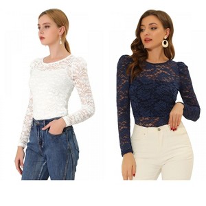 INSPIRE CHIC Women's Vintage Semi-Sheer Puff Long Sleeve Embroidery Lace Floral Blouse 2 Packs - 1 of 4