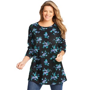 Woman Within Plus Size Perfect Printed Long-Sleeve Crewneck Tunic - 1 of 4