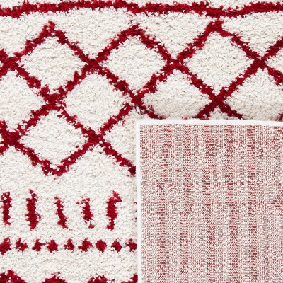 Ivory and Red Geometric Shag Area Rug 9' x 12'