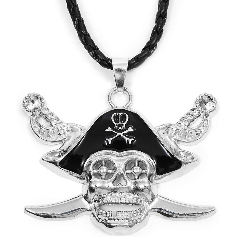 Blue Panda Silver Pirate Skull Pendant with Leather Chain Necklace for Men and Halloween Party, 19", 1 of 5