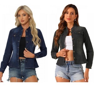 INSPIRE CHIC Women's Button Front Stand Collar Long Sleeve Jean Jackets with Pockets 2 Packs - 1 of 4