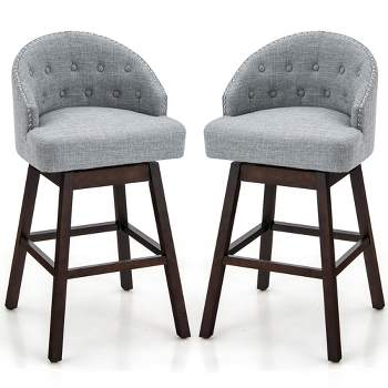 Costway Set of 2 Swivel Bar Stools Tufted Bar Height Pub Chairs with Rubber Wood Legs Grey/Beige