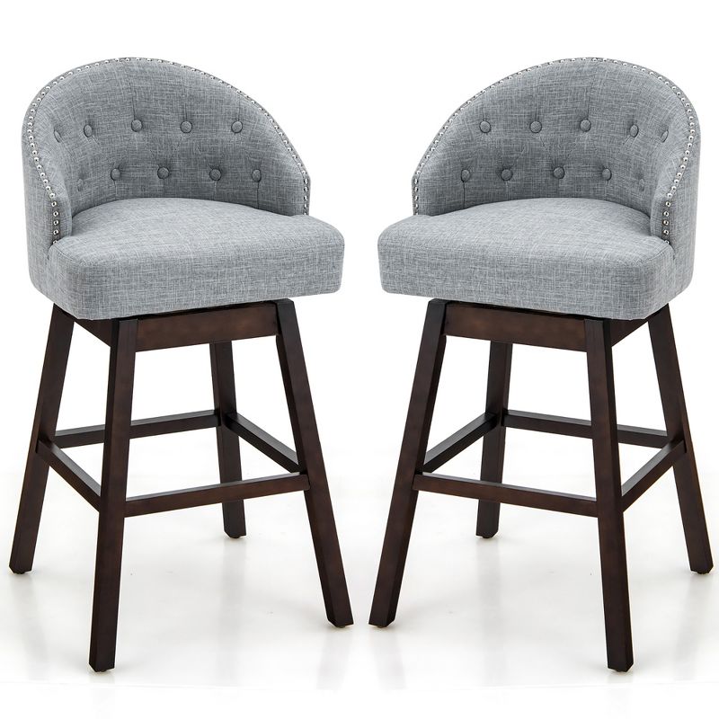Costway Set of 2 Swivel Bar Stools Tufted Bar Height Pub Chairs with Rubber Wood Legs Grey/Beige, 1 of 10