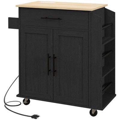 LunaLulinlk Kitchen Island with Storage, Rolling Kitchen Cart with AC Outlets and USB Ports, Microwave Stand with Towel and Spice Rack, Black