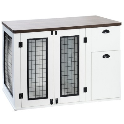 NicBex 43.7Inch Dog Crate Furniture Modern Decorative Dog Cage with 2 Doors,End Table Dog Cage Indoor Use,White+Deep Walnut