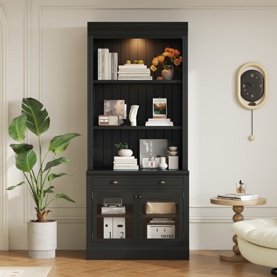 VYNXARIA 83.4" Tall Bookshelf with Glass Doors and Drawer - Modern Storage Bookcase for Home & Office