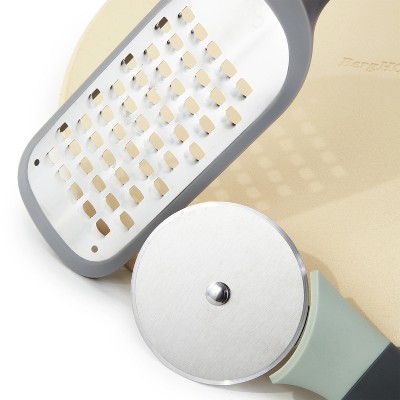 Large Beige Cordierite Pizza Set with Stainless Steel Cutter and Grater