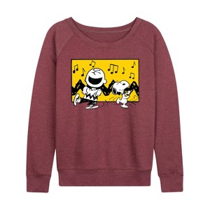 Women's - Peanuts - Charlie And Snoopy Dance Time Lightweight French Terry Wide Neck Long Sleeve Shirt - 1 of 4
