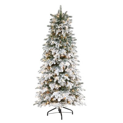 Nearly Natural 6’ Flocked North Carolina Fir Prelit Artificial Christmas Tree