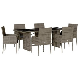 vidaXL - 7 Piece Poly Rattan Patio Dining Set - Gray - Cushioned Chairs with Tempered Glass Tabletop - Outdoor Furniture Set for Garden and Backyard - 1 of 4