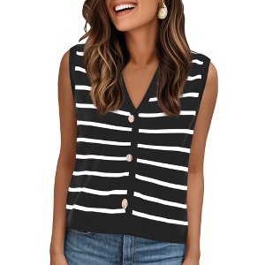 INSPIRE CHIC Women's V-Neck Sleeveless Button Down Knitted Striped Sweater Vest - 1 of 4