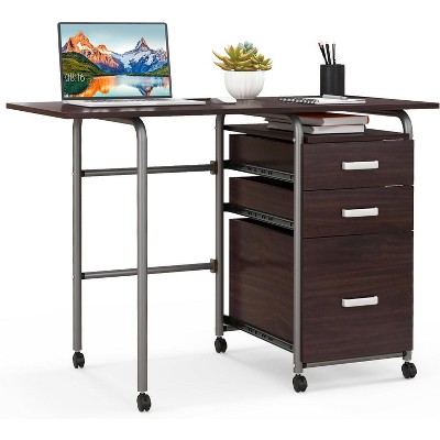 Tangkula Folding Computer Desk with 3 Storage Drawers Mobile Home Office Study Writing Desk w/ Wheels Space Saving Compact Desk Brown