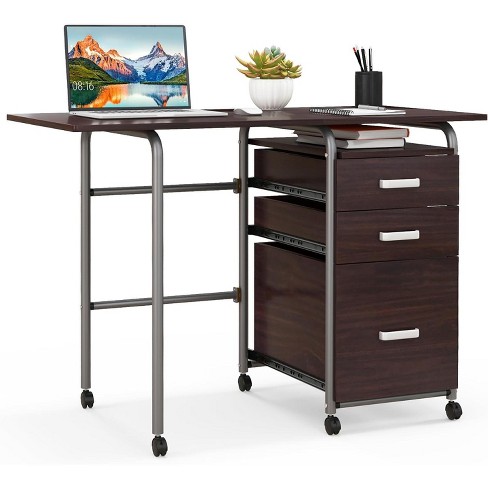 Tangkula Folding Computer Desk With 3 Storage Drawers Mobile Home Office Study Writing Desk W Wheels Space Saving Compact Desk Brown Target