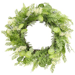 Mixed Foliage Wreath 27.5"D Decorative Polyester Green Fern Wreath for Home, Porch & Entry Display by Melrose - 1 of 3