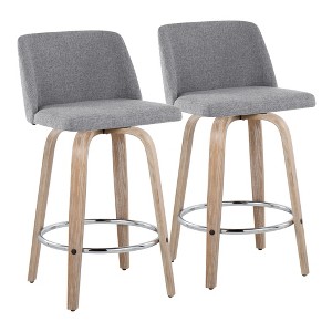 Fabric Upholstered Contemporary Counter Stool with Swivel and Bent Wood Legs with Round Metal Footrest for Kitchen Island or Home Bar, Set of 2 - 1 of 4