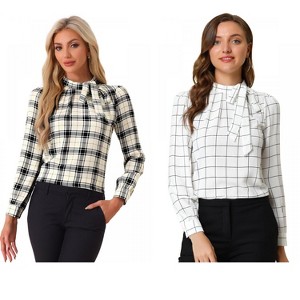 INSPIRE CHIC Women's Bow Tie Neck Keyhole Back Grid Checks Office Work Blouses 2 Packs - 1 of 4