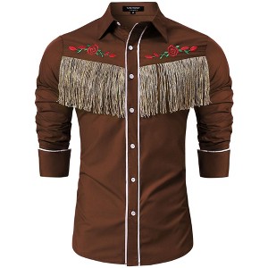 BLUEMING Men's Western Cowboy Fringe Shirt Costume Long Sleeve Casual Hippie Slim Fit Button Down Shirt - 1 of 4