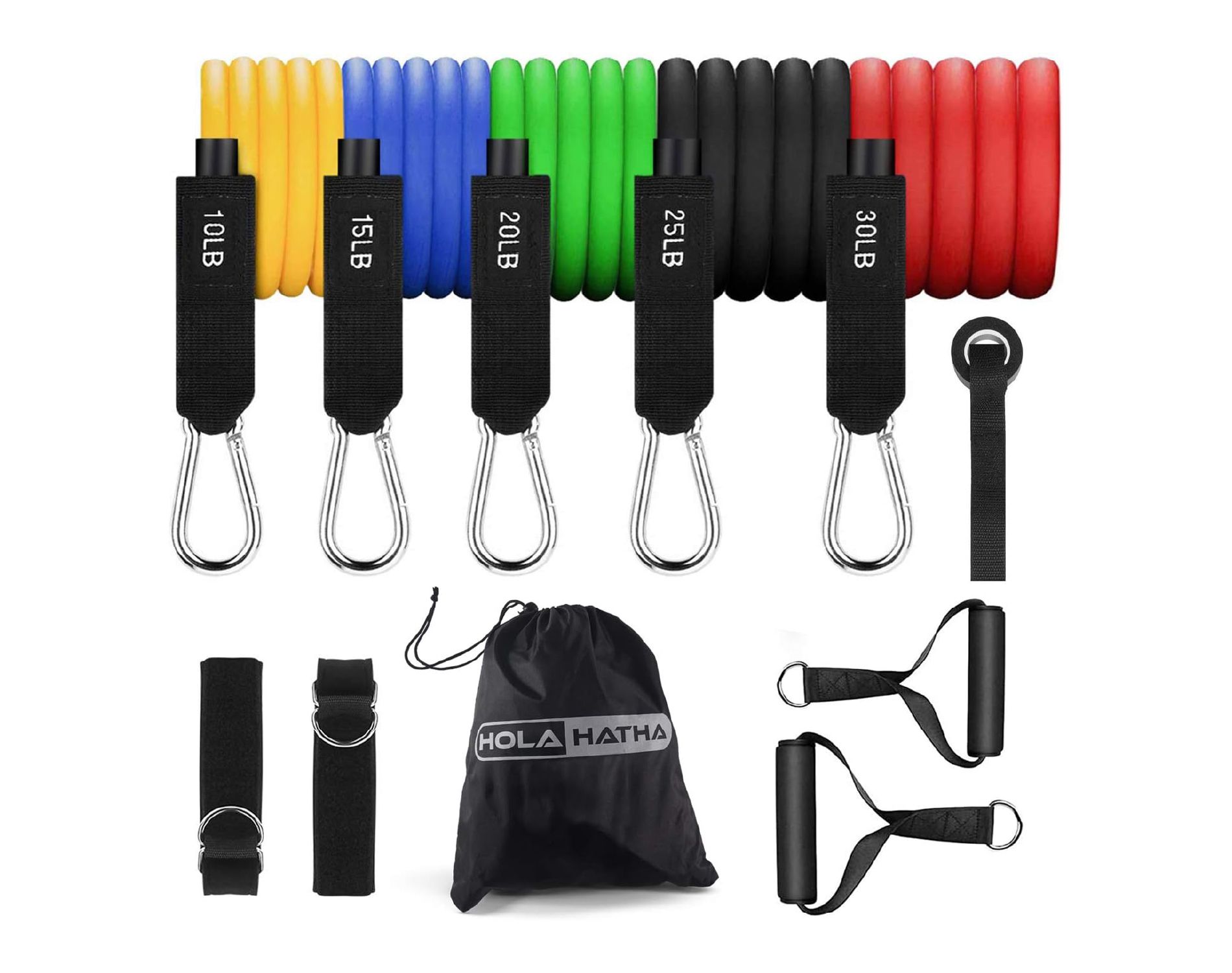 HolaHatha Resistance Band Workout Set Up to 110 Pounds Max with 5 Bands, 2 Padded Handles, 2 Ankle Straps, Door Anchors and Carry Bag