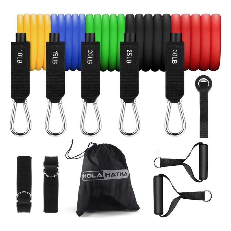 HolaHatha Resistance Band Workout Set Up to 110 Pounds Max with 5 Bands, 2 Padded Handles, 2 Ankle Straps, Door Anchors and Carry Bag, 1 of 7