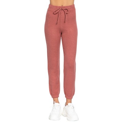 Slickblue Women's Drawstring Sweater Pants, Long Lounge Fit, Stretch Knit Bottoms, Camel/Raspberry Pink, Size S-L