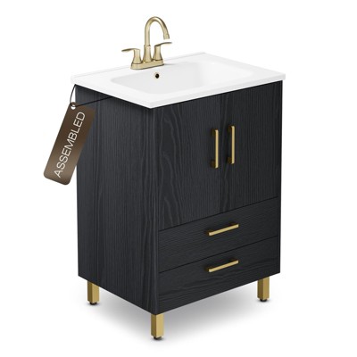 Phiestina 24" Black Bathroom Vanity with Ceramic Sink, 2 Soft-Close Doors, 2 Drawers, Fully Pre-Assembled Storage Cabinet