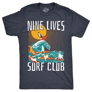 Mens Nine Lives Surf Club Funny T Shirt Cat Graphic Tee For Men - Crazy Dog Men's T Shirt - 1 of 4