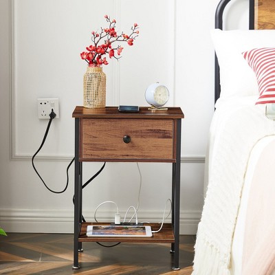 VECELO Nightstand with Charging Station, Set of 1/2 Wooden Endtable Bedside Table with Drawer