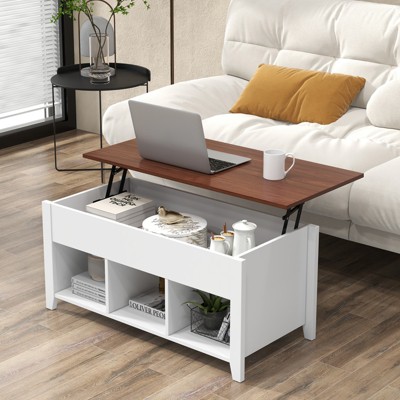 Contemporary White and Brown Rectangular Lift-Top Coffee Table with Storage