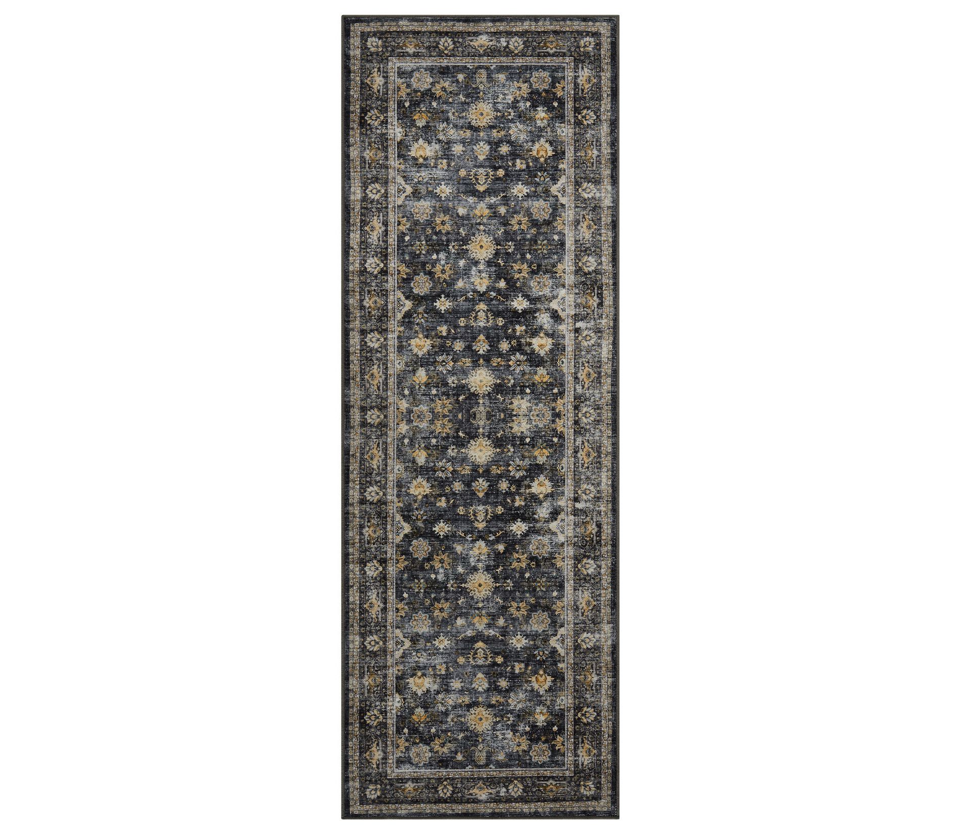 Area Rug 2'x6' Indoor Vintage Living Room Carpet Washable Distressed Rug Black Floral Bedroom Rug: Stain-Resistant, Pet Friendly, Traditional Style