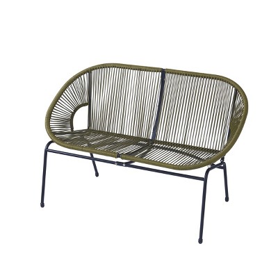 Outdoor Patio Rattan Loveseat,Polyethylene Rattan Woven Basket Loveseat,Garden Hammock Weave Design Benches With Metal Frame-Coolbibila