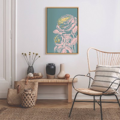 Teal and Pink Floral Print on Canvas with Natural Frame