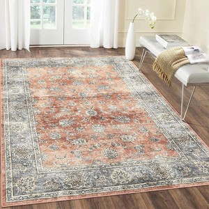 6x9 Vintage Floral Rug, Low Pile, Bedroom, Stain-Resistant, Boho Carpet, Non-Slip, Distressed Lightweight Throw for Bathroom, Laundry, Brick Red. - 1 of 4
