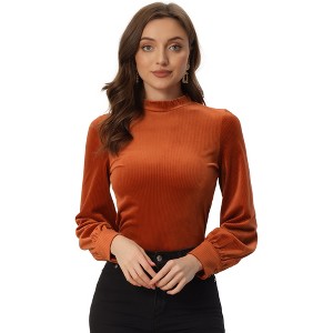 Allegra K Women's Velvet Crew Neck Puff Long Sleeve Rib Velour Blouse - 1 of 4