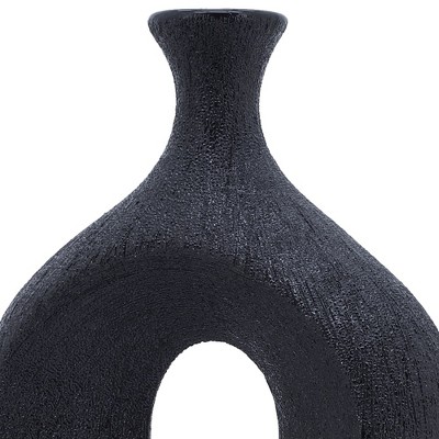 Black Ceramic Beaded Oval Vase with Cut-Out Design