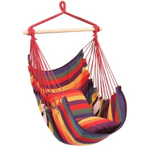 LakeForest"Portable Canvas Hammock Chair with Wooden Stick, 265lbs Capacity, 2 Pillows for Porch & Patio"Blue&Red - 1 of 4
