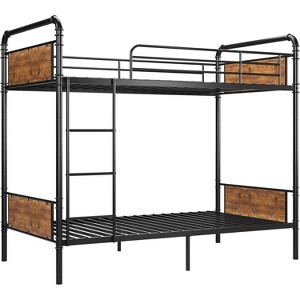 Metal Twin-over-Twin Bunk Bed, Heavy-Duty Industrial Frame with Safety Guardrails & Ladder, Convertible into Two Twin Beds, Brown - 1 of 4
