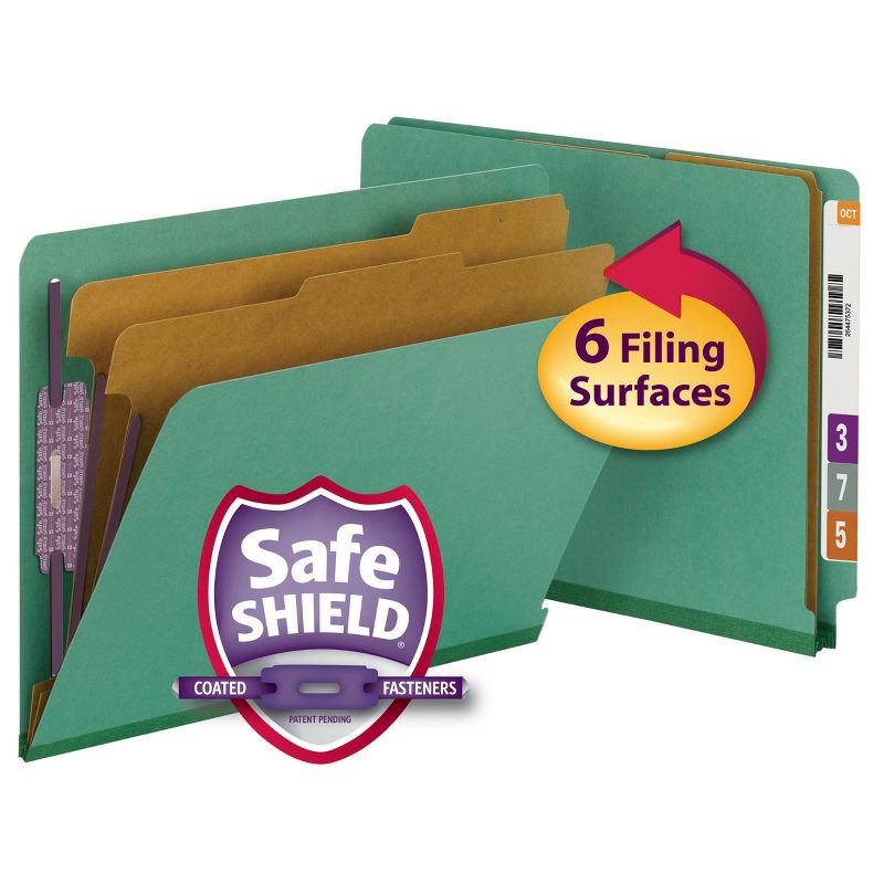 Smead End Tab Pressboard Classification File Folder with SafeSHIELD  Fasteners, 2 Dividers, Green, 10 per Box (26785), 1 of 14