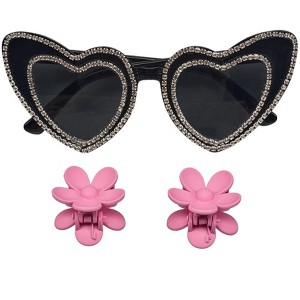 Willow & Ruby Kid's Fun Sunglasses with Hair Clip Set for Girls - Sunnies & Claws in Black With Pink Flower Hair Claws - 1 of 4