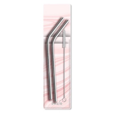 SWZLE Pack of 2 Reusable Stainless Steel Drinking Straws with Cleaning Brush and Case - Pink Swirl Marble