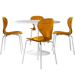 LeisureMod Bristol 5-Piece Dining Set Round Dining Table, 4 Plastic Dining Chairs Chrome Legs in Transparent Orange - 1 of 4
